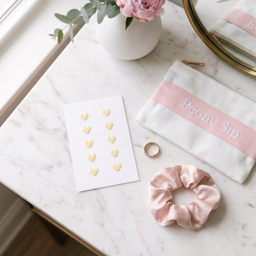 Sheet of ten heart nail stickers next to a Peony Sip pouch